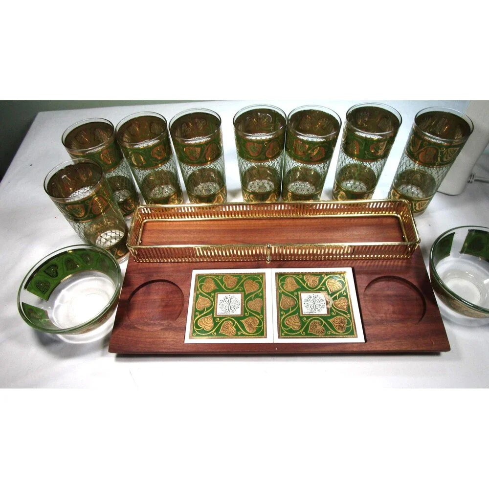 1960s Culver Highball Set, 8 Tumblers, 2 Bowls, Wood Tray, 22k Gold